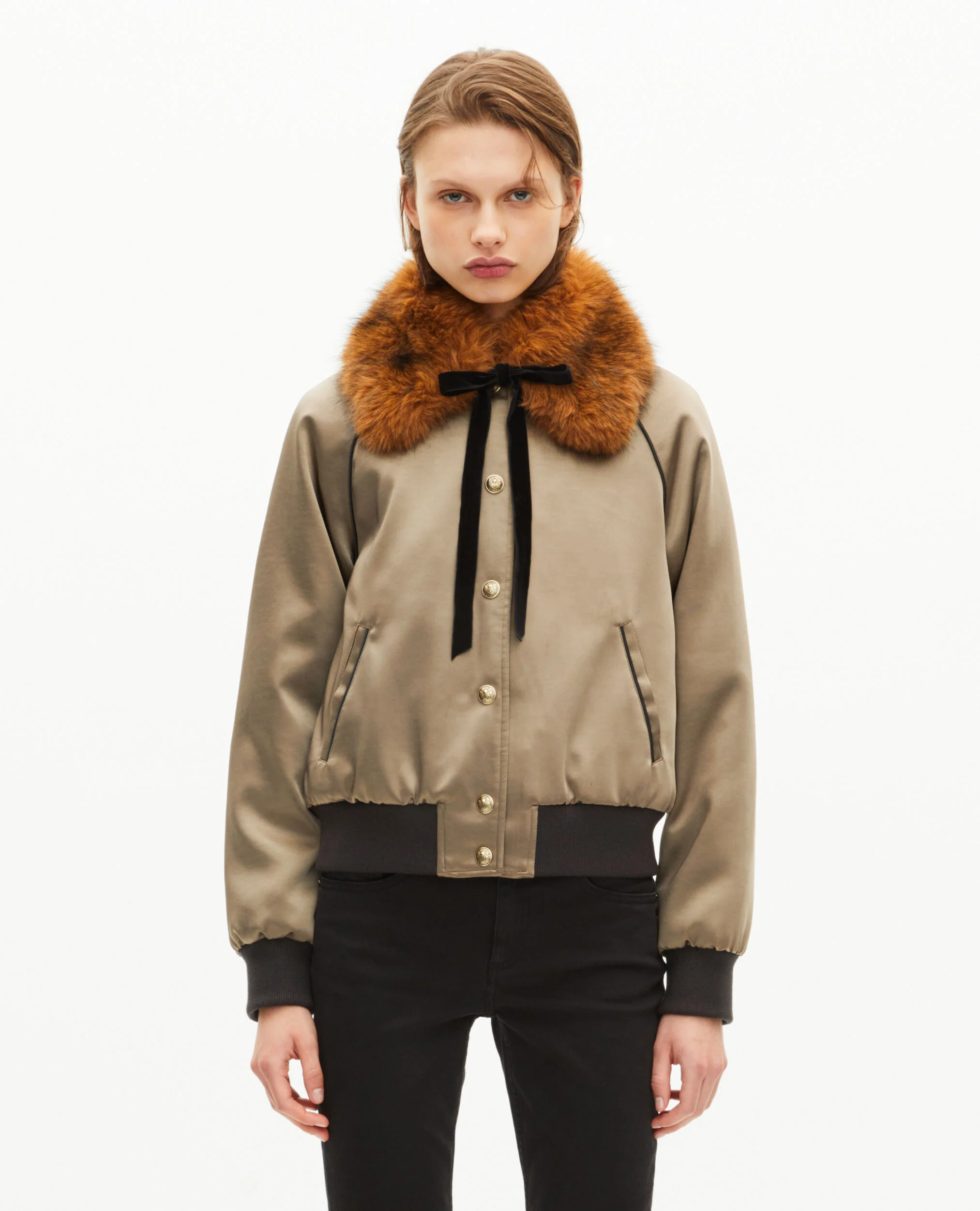 Blouson col fourrure satiné kaki