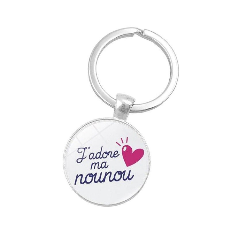 Porte-clés J'adore ma nounou coeur rose argenté