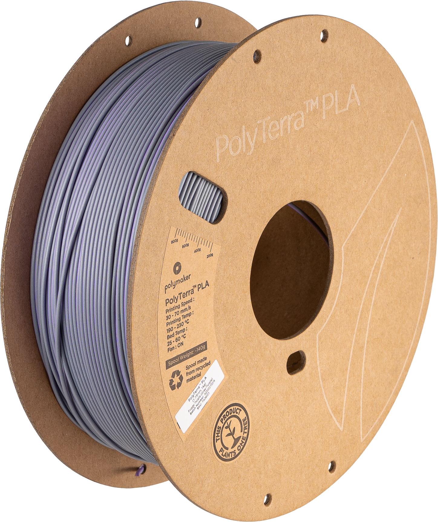 Polymaker  PolyTerra PLA Dual Foggy Purple Grey-Purple, 1,75 mm / 1000 g    Umweltfreundliches, zweifarbiges PLA-Filament mit mattem Finish