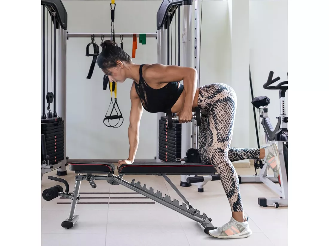 Banc de Musculation Dossier Réglable 10 Positions, Banc pour Entraînement Complet du Corps en Métal Charge 300KG avec 2 Roues, Idéal pour Développé Couché et Abdominaux