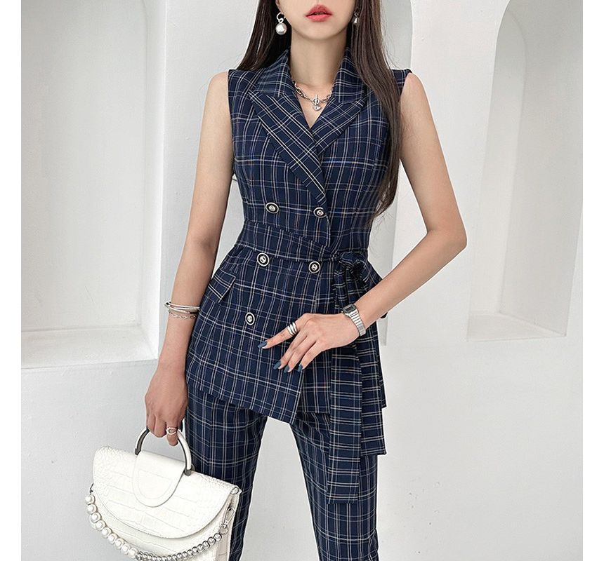 Aurora - Set: Dubbelrijs geruit vest + High Rise Dress Pants