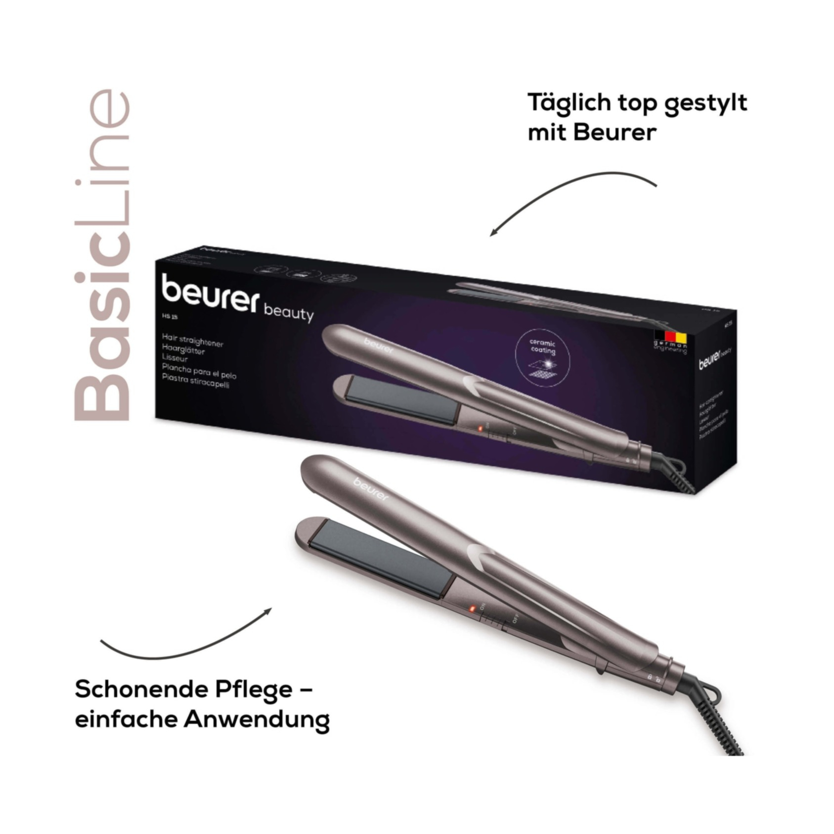 HS 15 Haarglätter Basic Line Keramik Haar Glätteisen mit Aufhängeöse (10074) - Grau