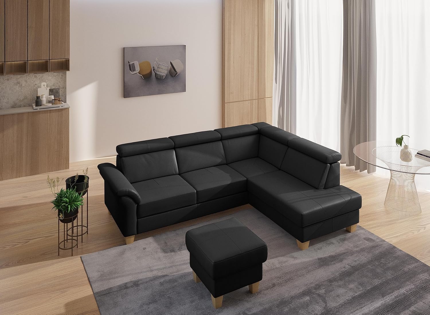 CAVADORE Leder-Ecksofa Ammerland mit Ottomane / Landhaus-Sofa mit Federkern + Kopfteilverstellung / 245 x 84 x 194 / Leder Schwarz