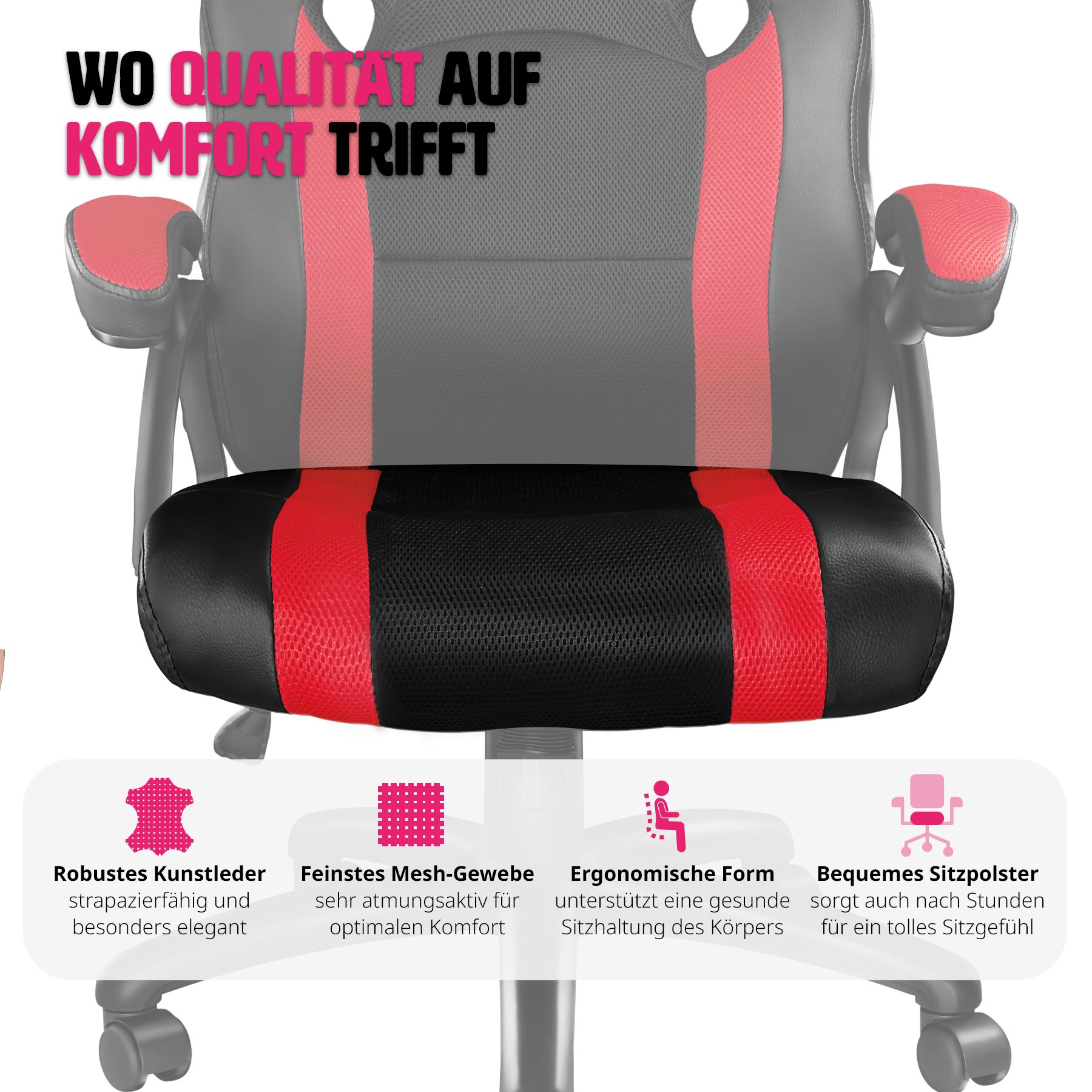 tectake® Bürostuhl, ergonomische Form, Kunstlederbezug mit Mesh-Gewebe, stufenlos höhenverstellbar