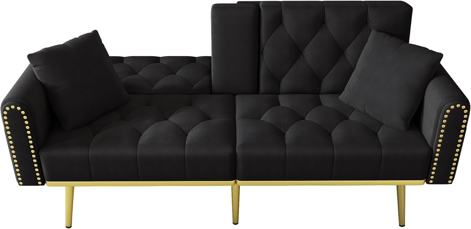 Doppelt ausklappbares Schlafsofa mit Liegefunktion, DREI verstellbaren Neigungswinkeln und Getränkehalter，für Wohnzimmer, Schlafzimmer, Heimkino oder Gästezimmer， Stoffbezug， Schwarz