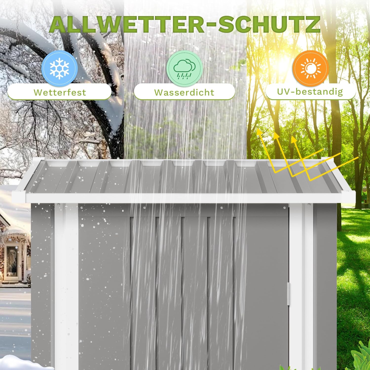 Metall Gerätehaus 1,5m³ 95x98x160 cm Wasserfest Geräteschuppen mit abschließbarer Tür und Pultdach Kleiner Gartenhaus für Hinterhof Terrasse und Rasen, Grau