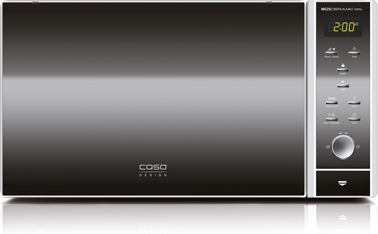 CASO MG 25 Ceramic Menu Mikrowelle mit Grill, 900 W Mikrowelle, 1000 W Quarz-Grill, 25 L Edelstahl-Innenraum, Borosilikatglasboden, 10 Leistungsstufen, 10 Kochprogramme, Timer, Sound On/Off