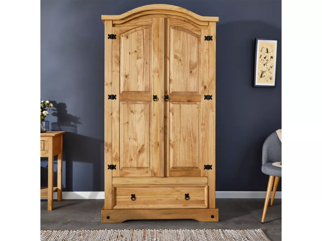 Armoire SALSA penderie pour vêtements style mexicain avec 2 portes 1 étagère 1 tiroir, en pin massif finition teintée/cirée