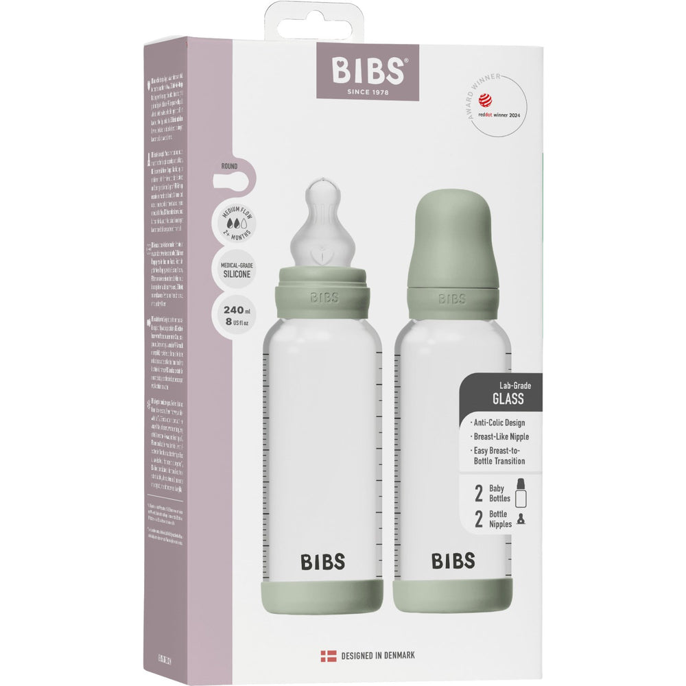 Køb Bibs Sage Glass Baby Flaske Round Silikone 2-Pak 240 Ml Medium Flow