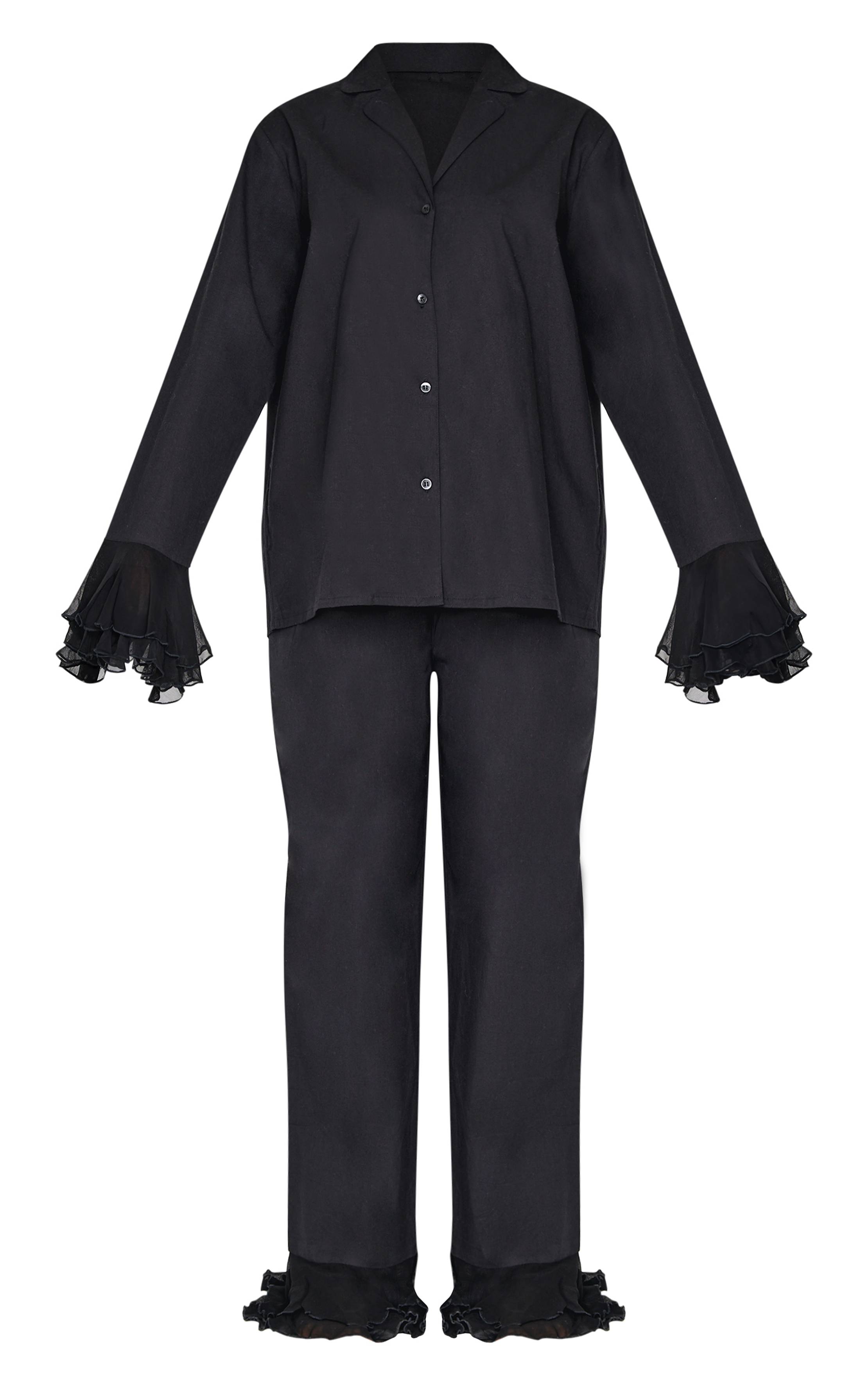 Noir Ensemble Pyjama Long En Coton À Ourlet À Volants