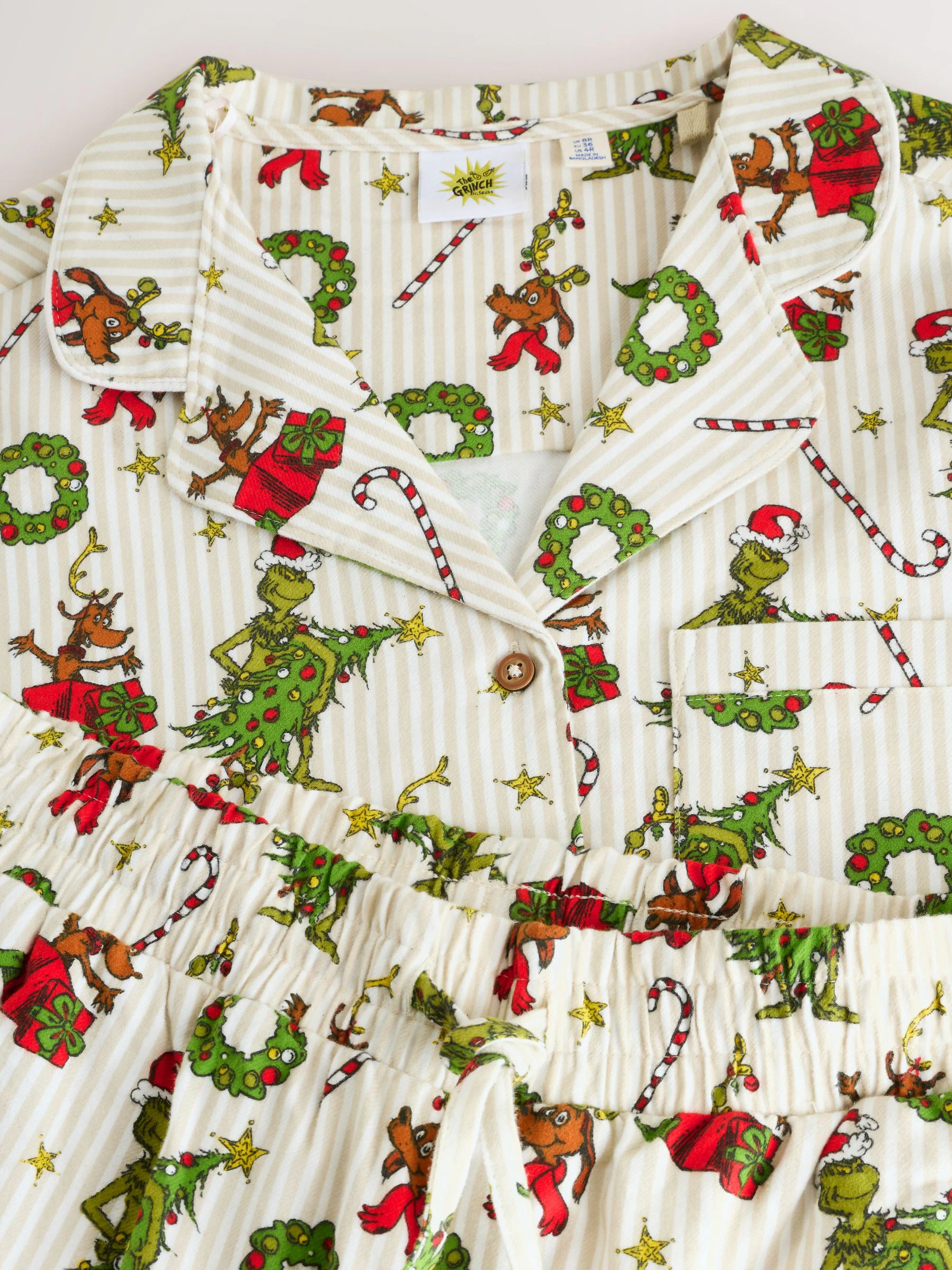 Crème - Grinch Bijpassende Familie Kerstmis Pyjama's met Knoopsluiting