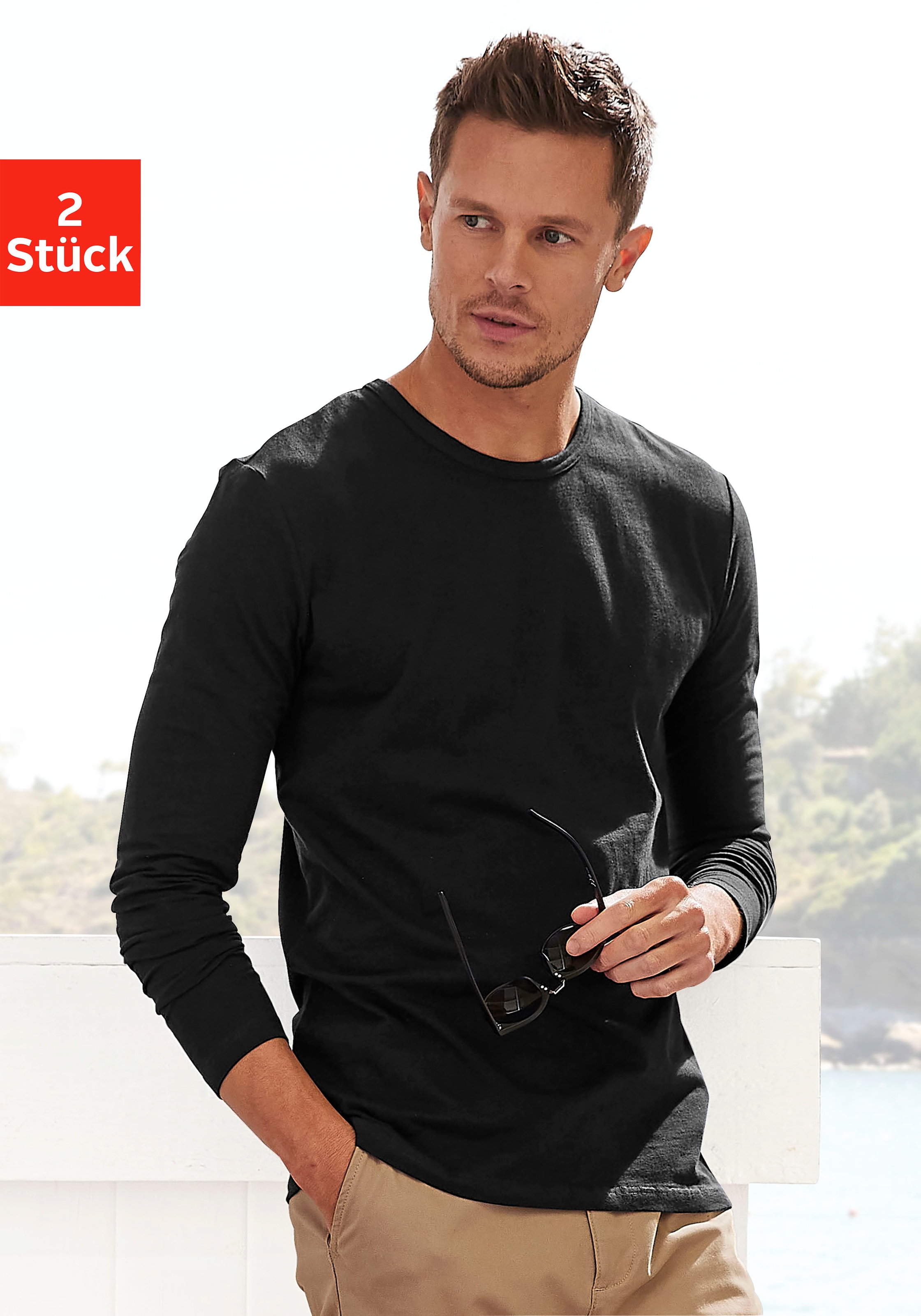 H.I.S Langarmshirt, 2er-Packer Packung, Doppelpack Unterziehshirt aus Baumwoll-Mix