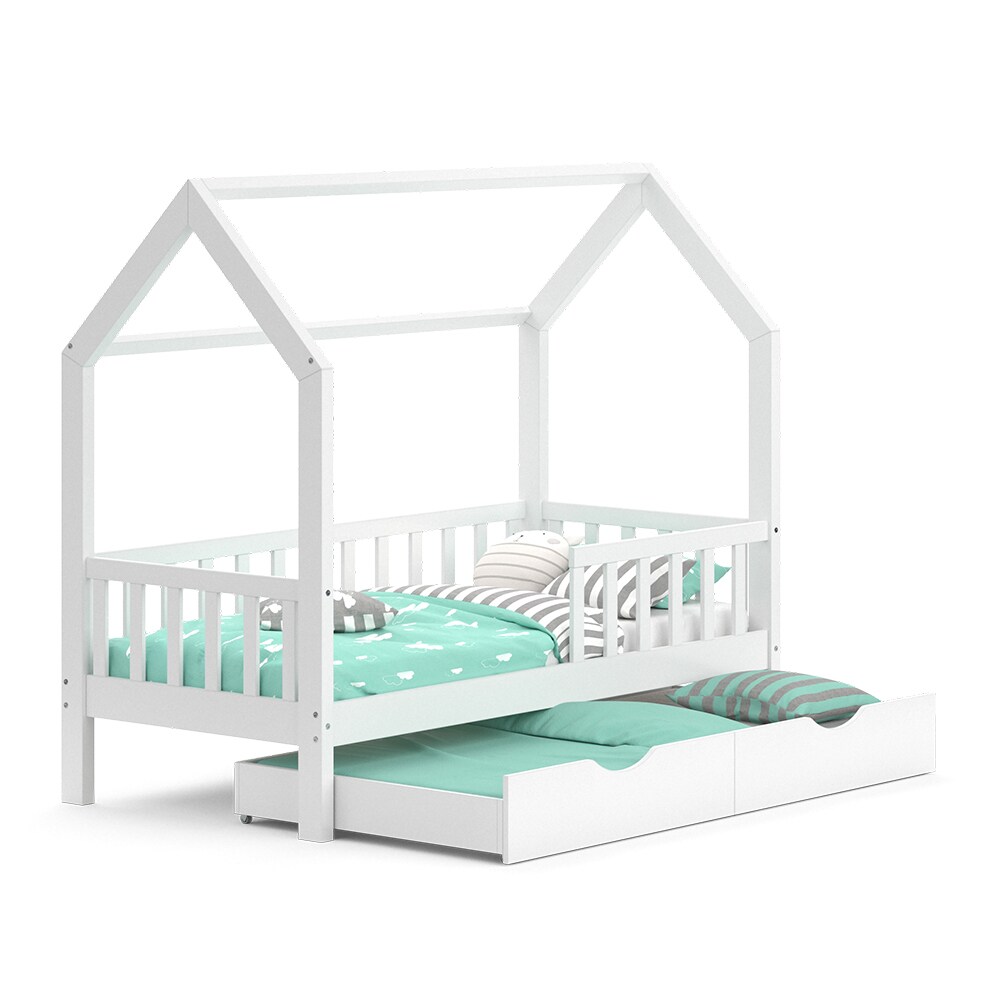 VitaliSpa Kinderbett Hausbett Gästebett Wiki Weiß 80x160cm Schublade Lattenrost