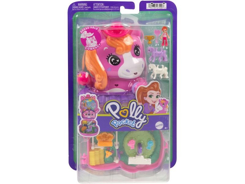 Polly Pocket Spielset Pony Rodeo Schatulle Spielzeug für unterwegs mit Zubehör für Mode und Essen