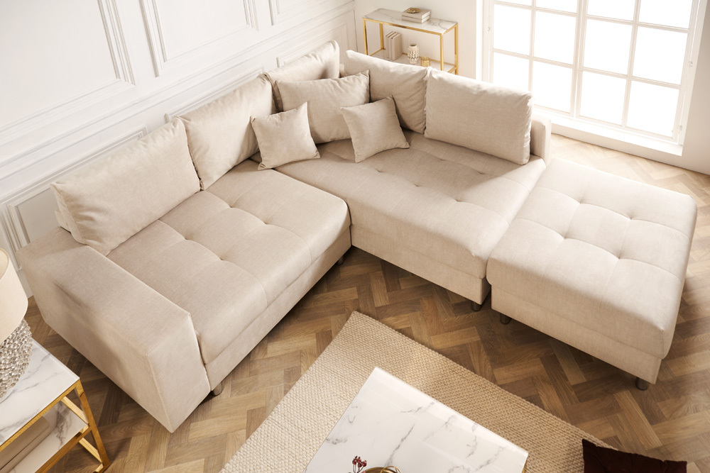 Moderne Wohnlandschaft KENT 220cm champagner beige Vogue Velours Samt Federkern mit Hocker
