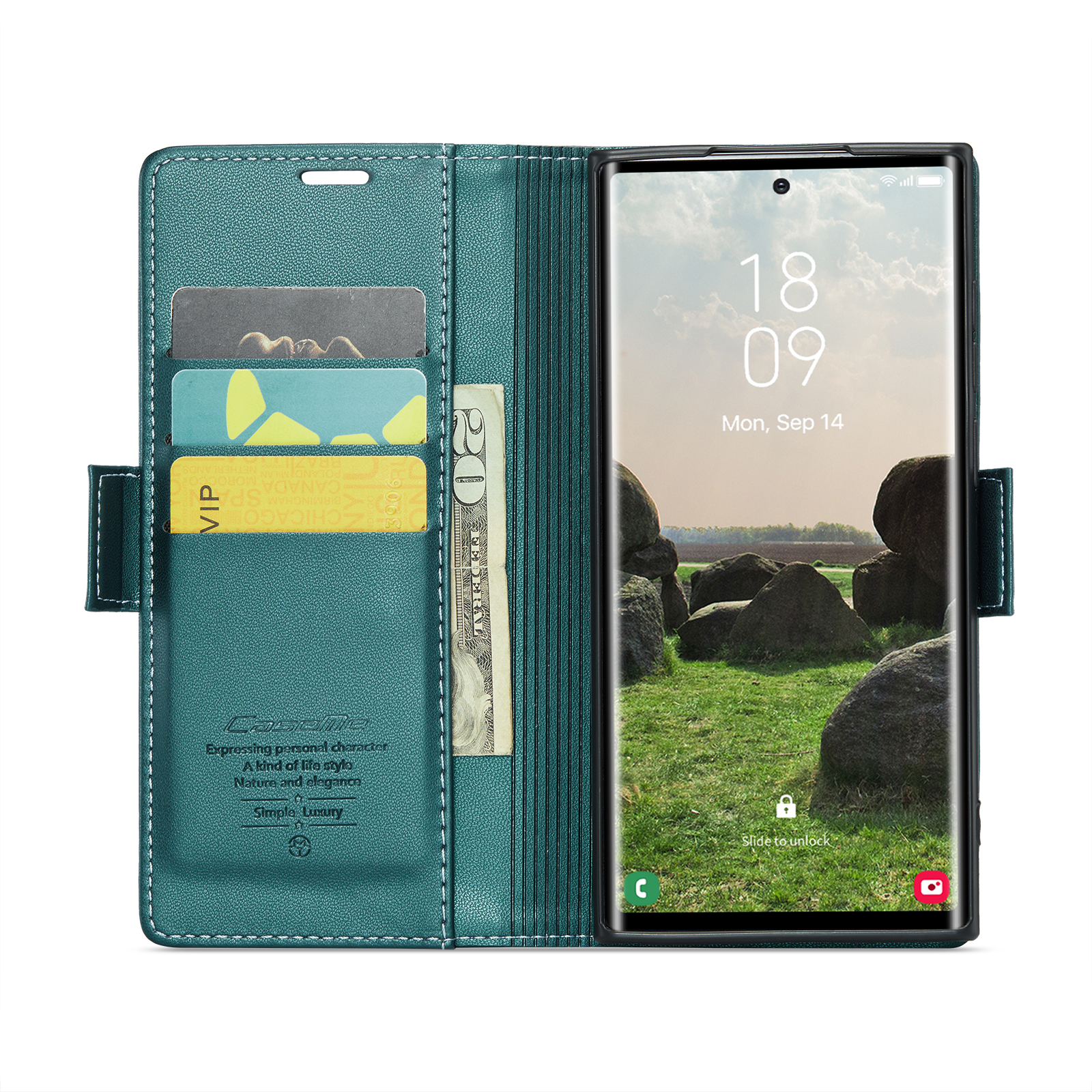 Samsung Galaxy S25 Ultra Leder Tasche Flip Wallet Etui mit Kartenfächern Litchi Look (RFID Schutz) - Grün
