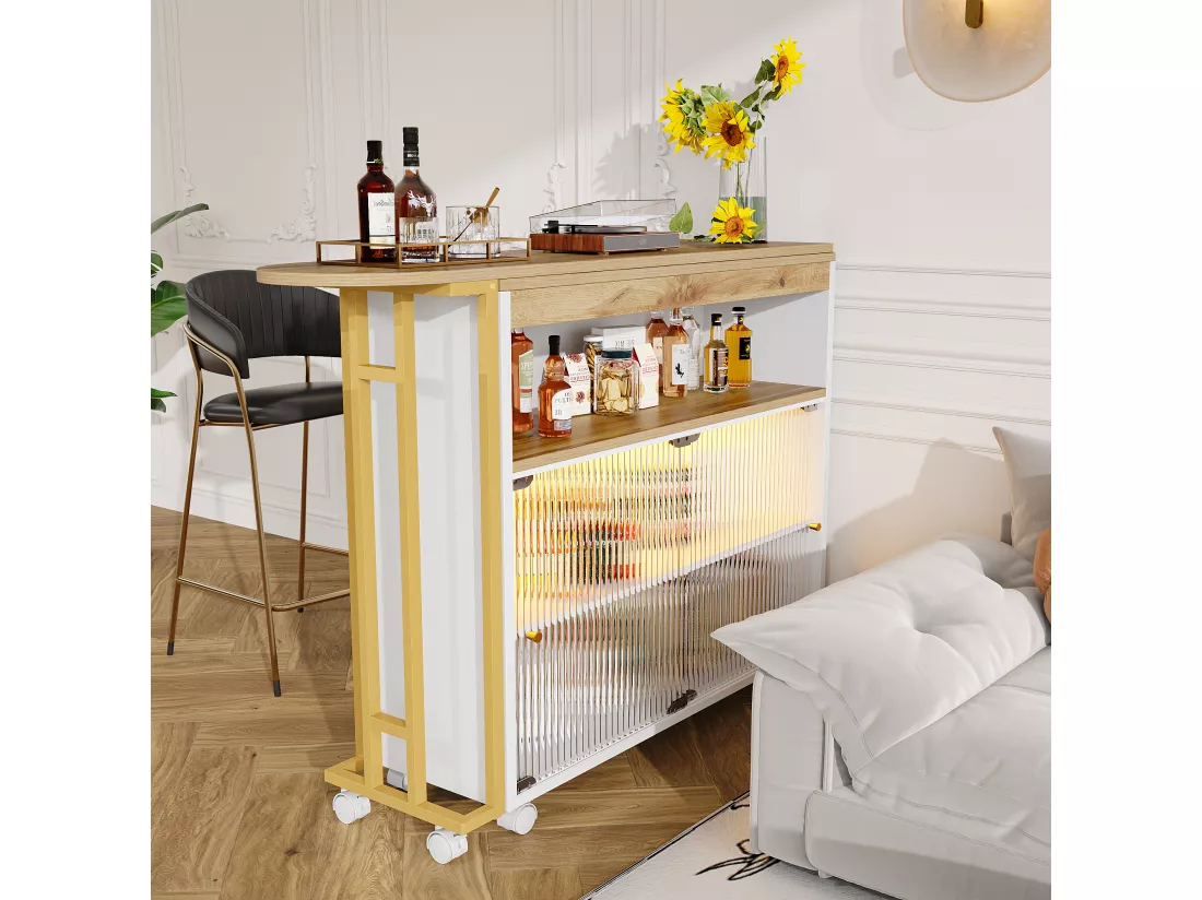 Buffet、Meuble de bar pivotant et escamotable avec LED - compartiments de rangemnt - Blanc