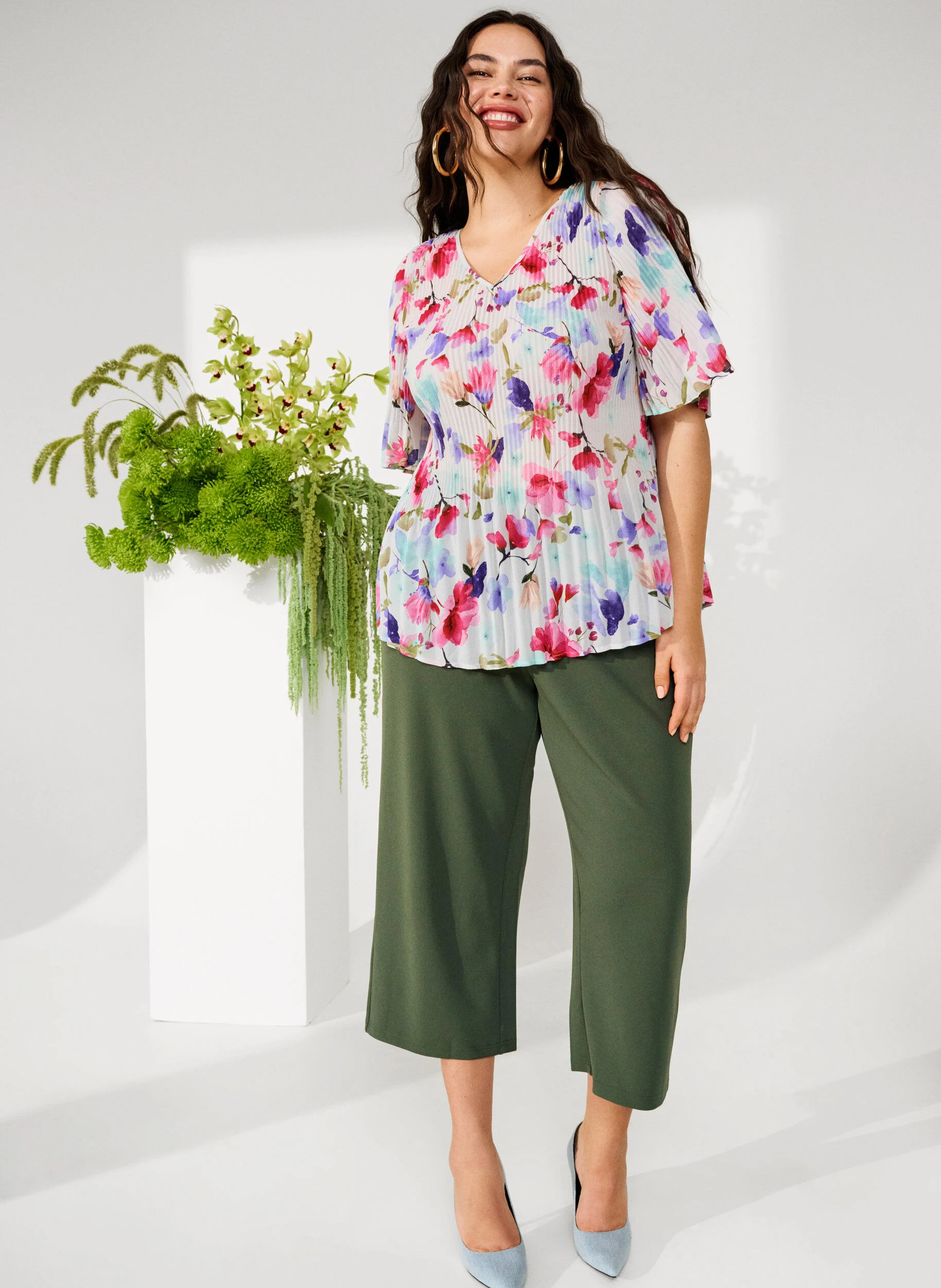 Blomstret bluse i plissé