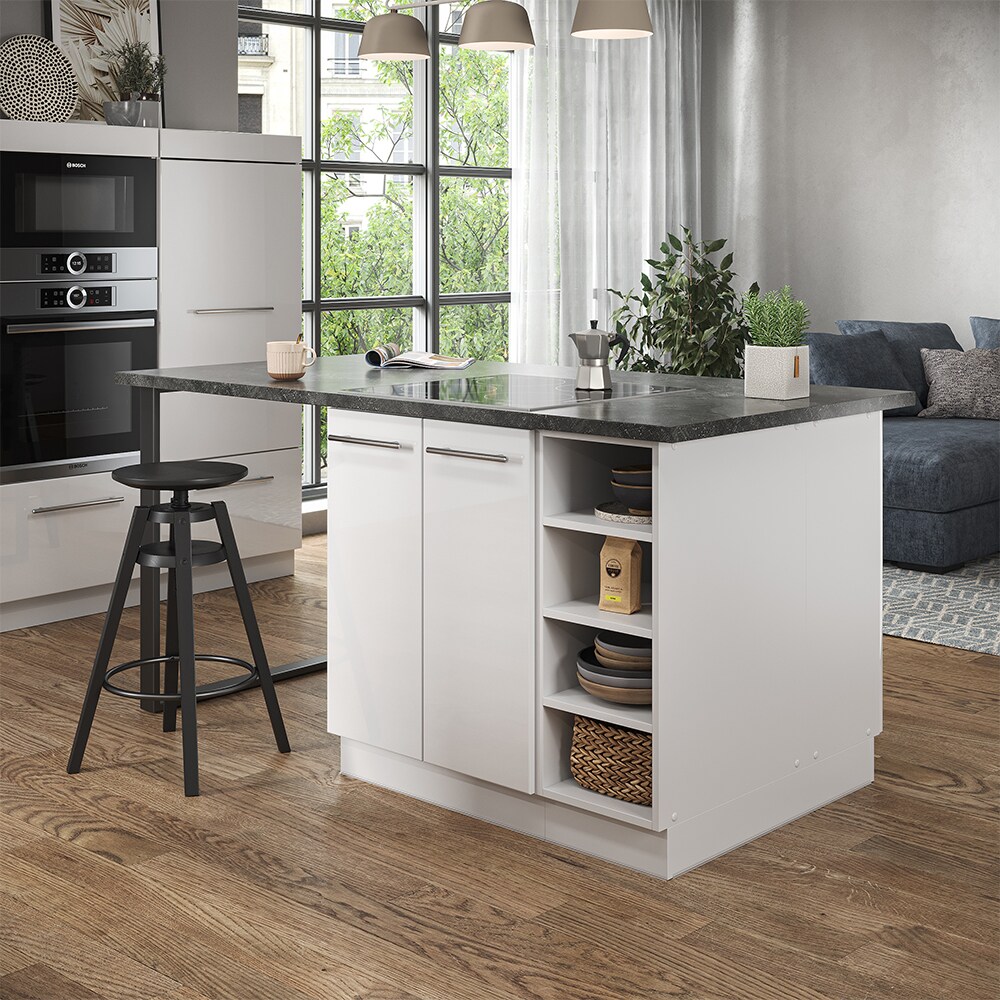 Vicco Kücheninsel Küchenblock Einbauküche Fame-Line Weiß 90 cm modern Hochglanz Küchen Schränke Regalunterschrank Küchenunterschrank Regalinselunterschrank Softclose-Scharnier Küchenmöbel