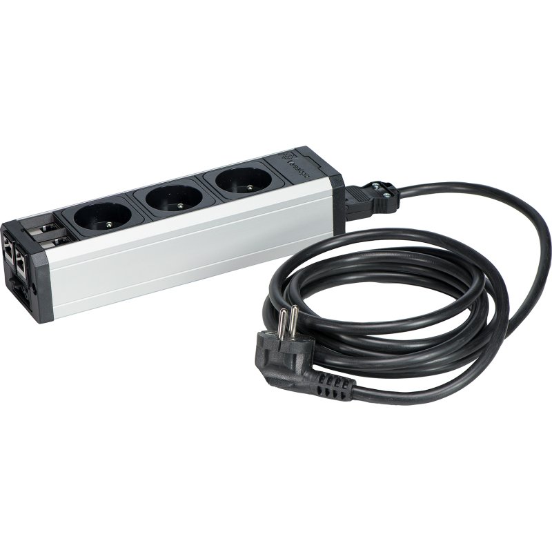 Multiprise nourrice Versatek 3 prises secteur avec 2 connections RJ45 - câble secteur 3 m - multiprise de départ- pour espace bureau professionnel