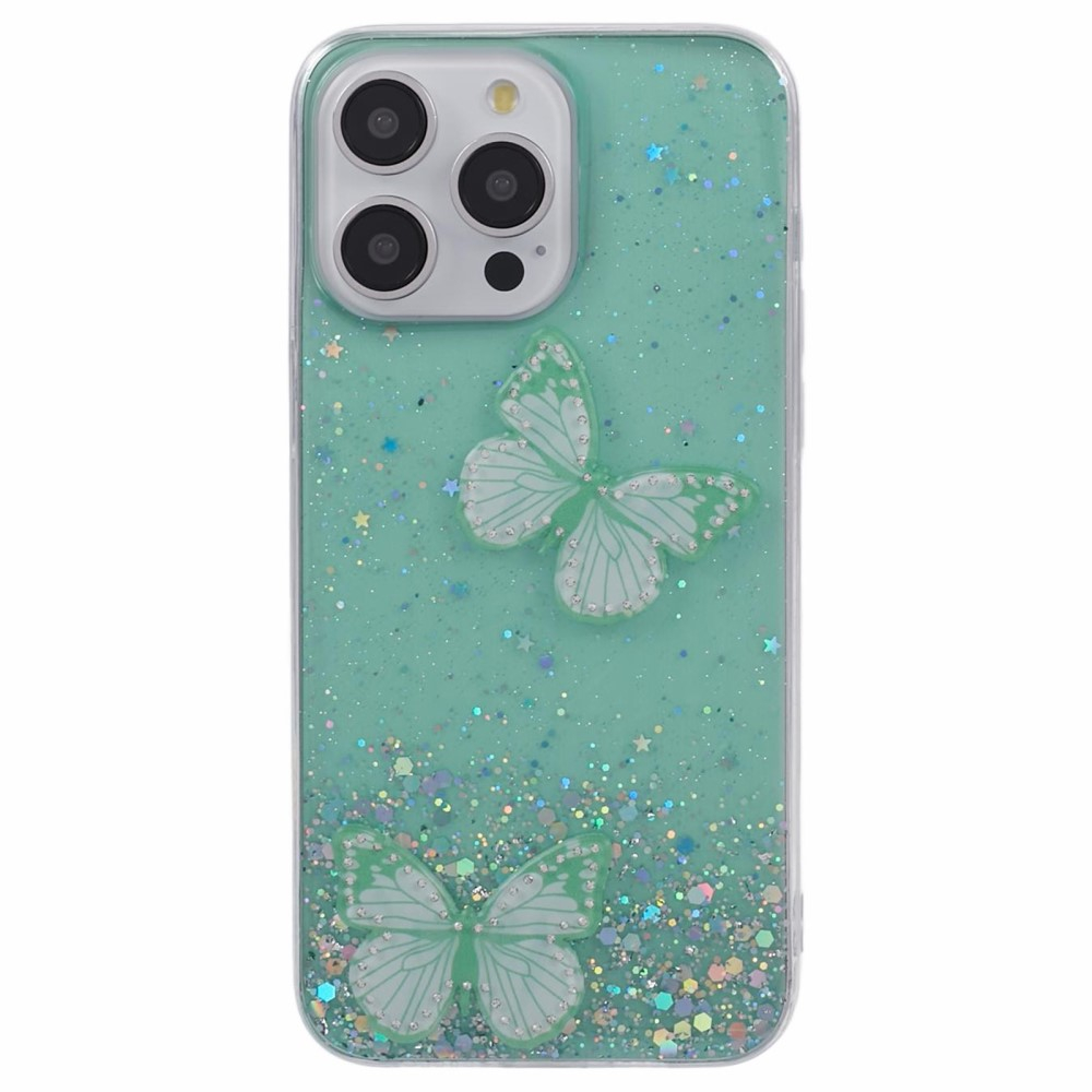 iPhone 16 Pro Hybrid Hardcase Schutzhülle im Glitzer Design Schmetterling - Grün / Transparent