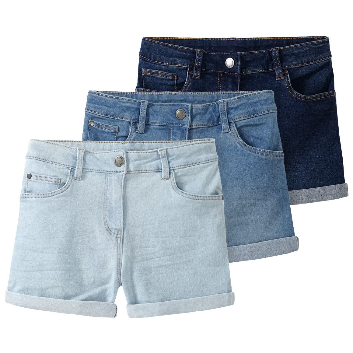 Famy 3 Mädchen Jeansshorts im Five-Pocket-Style dunkelblau / blau / hellblau