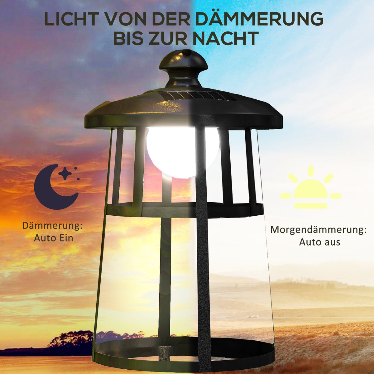 Outsunny Solar Tuinlantaarn, 122 cm LED Tuinlamp met Koel Wit Licht, Afneembare Lampbehuizing, voor Buitengebruik, Ø16 x 30H cm, Metaal, PE, Zwart