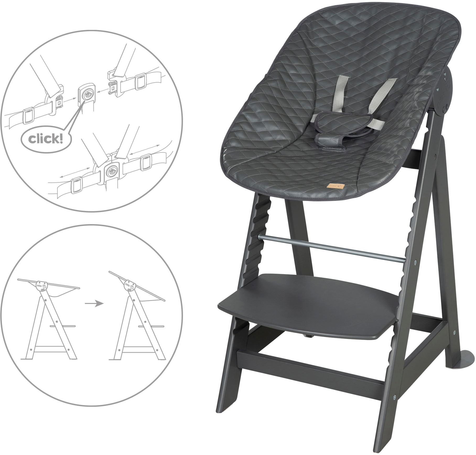 roba® Hochstuhl »Born Up, anthrazit, mit Neugeborenen-Aufsatz, graphite gesteppt« (Set)