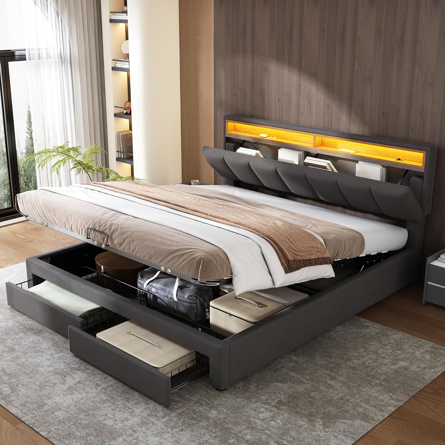 Polsterbett 160x200 cm mit LED-Beleuchtung, Doppelbett mit Stauraum und 2 Schubladen, Erwachsenenbett mit Hydraulischem Stauraum, Bettgestell Bett mit Lattenrost, Ohne Matratze, Grau, Leinen