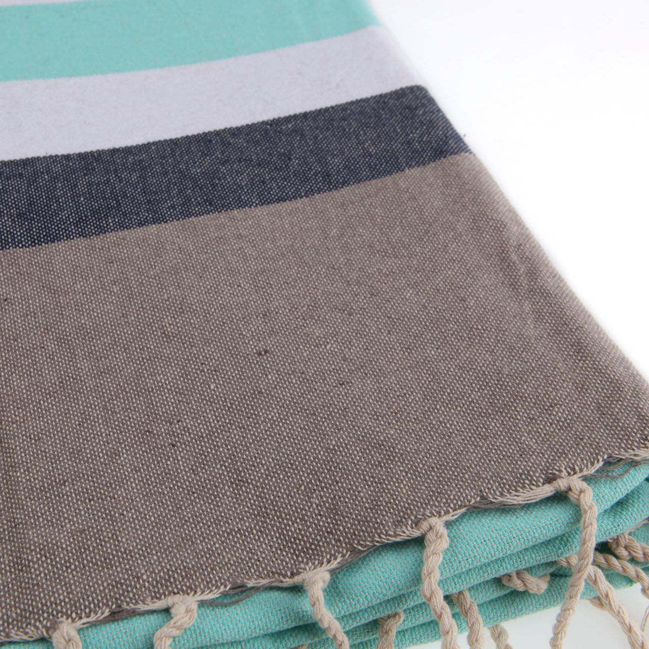 Febronie Fouta Arcachon blanc/taupe clair/turquoise/bleu jean - 100x200 cm