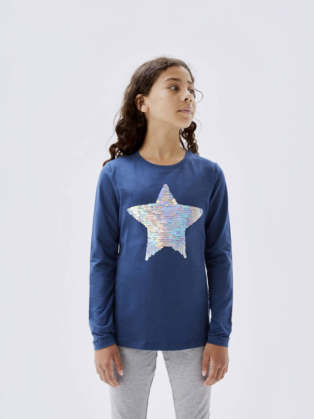 NAME IT longsleeve NKFLINSTAR met printopdruk en pailletten donkerblauw