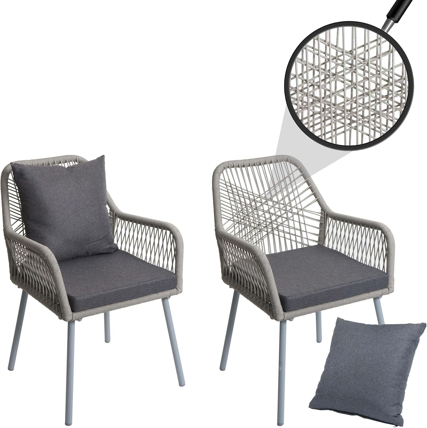 Mendler 2er-Set Gartenstuhl HWC-O12, Outdoor Sitz-/Rückenpolster Aluminium Seilgeflecht Rope - grau, Bezug dunkelgrau