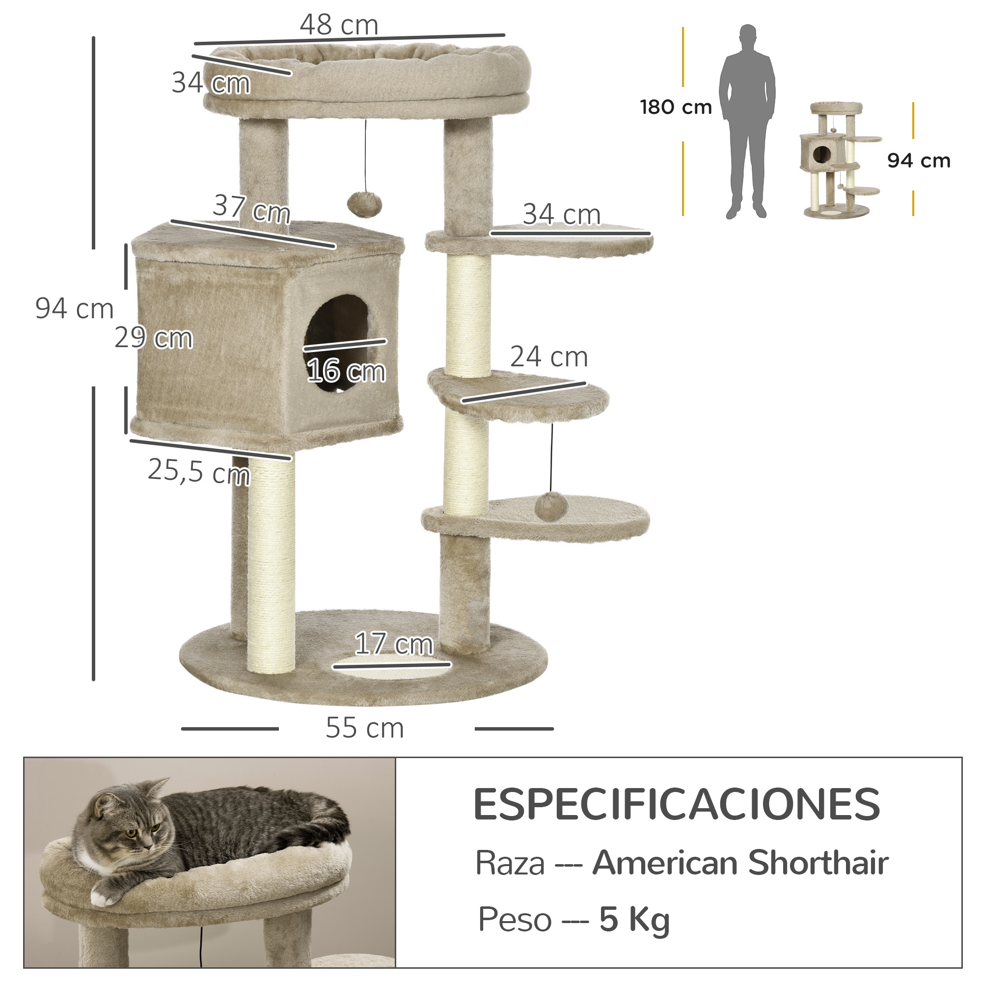 Árvore para Gatos PawHut para Gatos Pequenos, 94 cm de Altura, Torre para Gatos com Cama no Topo, Caverna, 3 Escadas, Bolas Penduradas e Postes de Sisal, 55x55x94 cm, Marrom