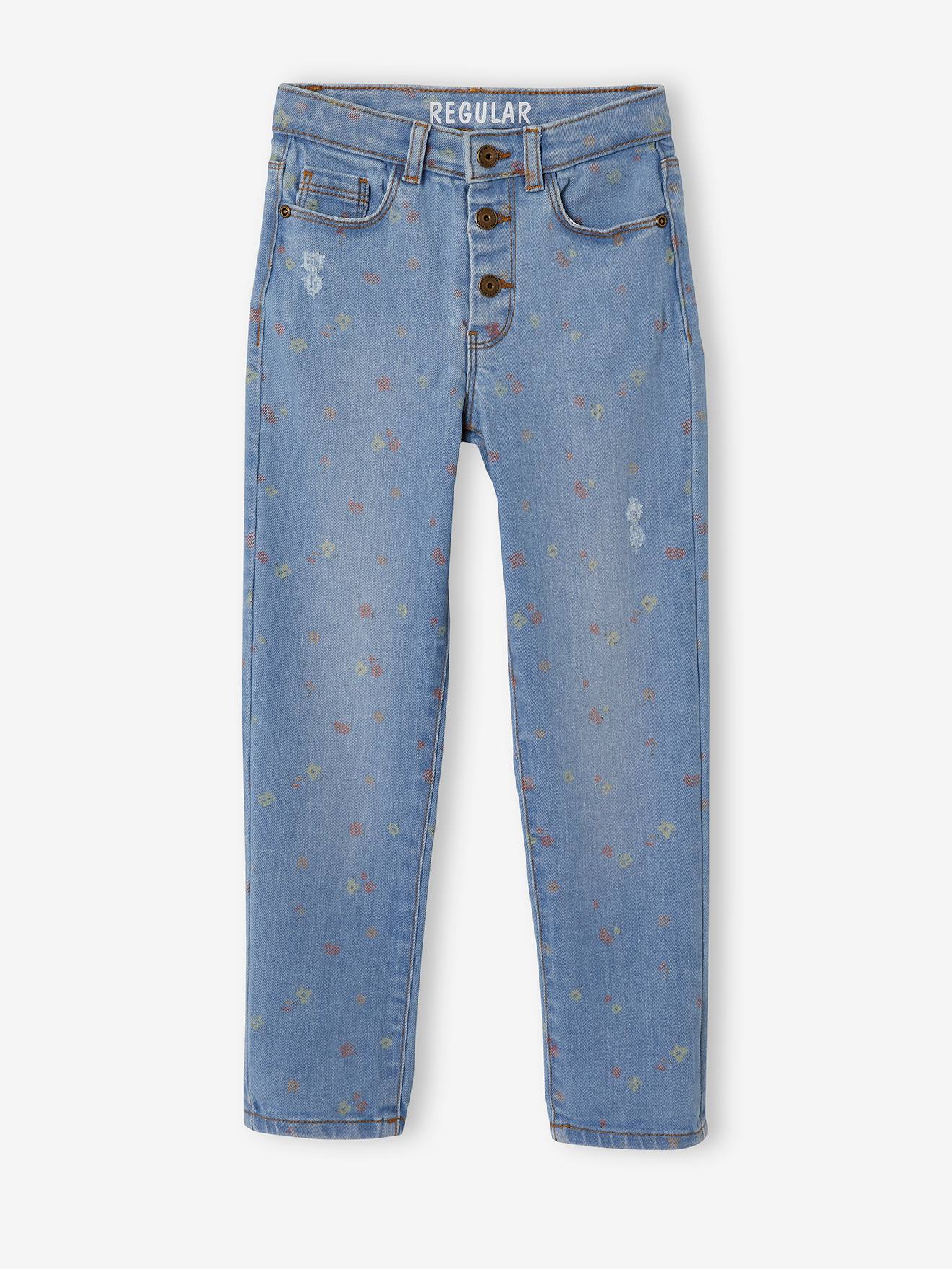 Calça jeans reta com detalhes desgastados, para menina, lavagem azul média