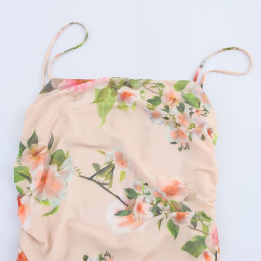Cumulys - Spaghettibandjes bloemenprint ruches asymmetrische midi-jurk