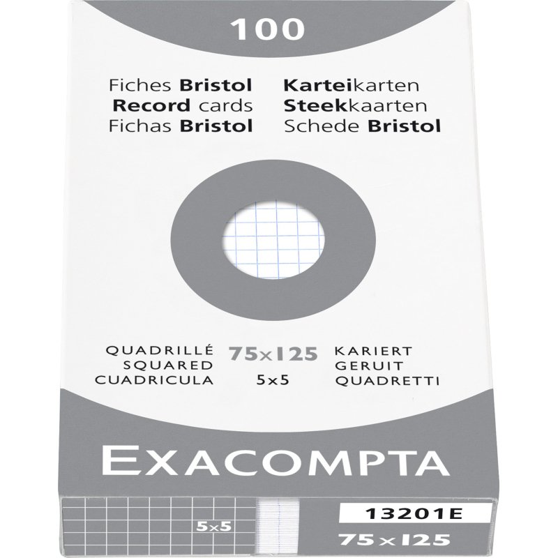 Fiche bristol 125 x 75 mm quadrillée 5 x 5 blanche non perforée Exacompta - Boîte de 100