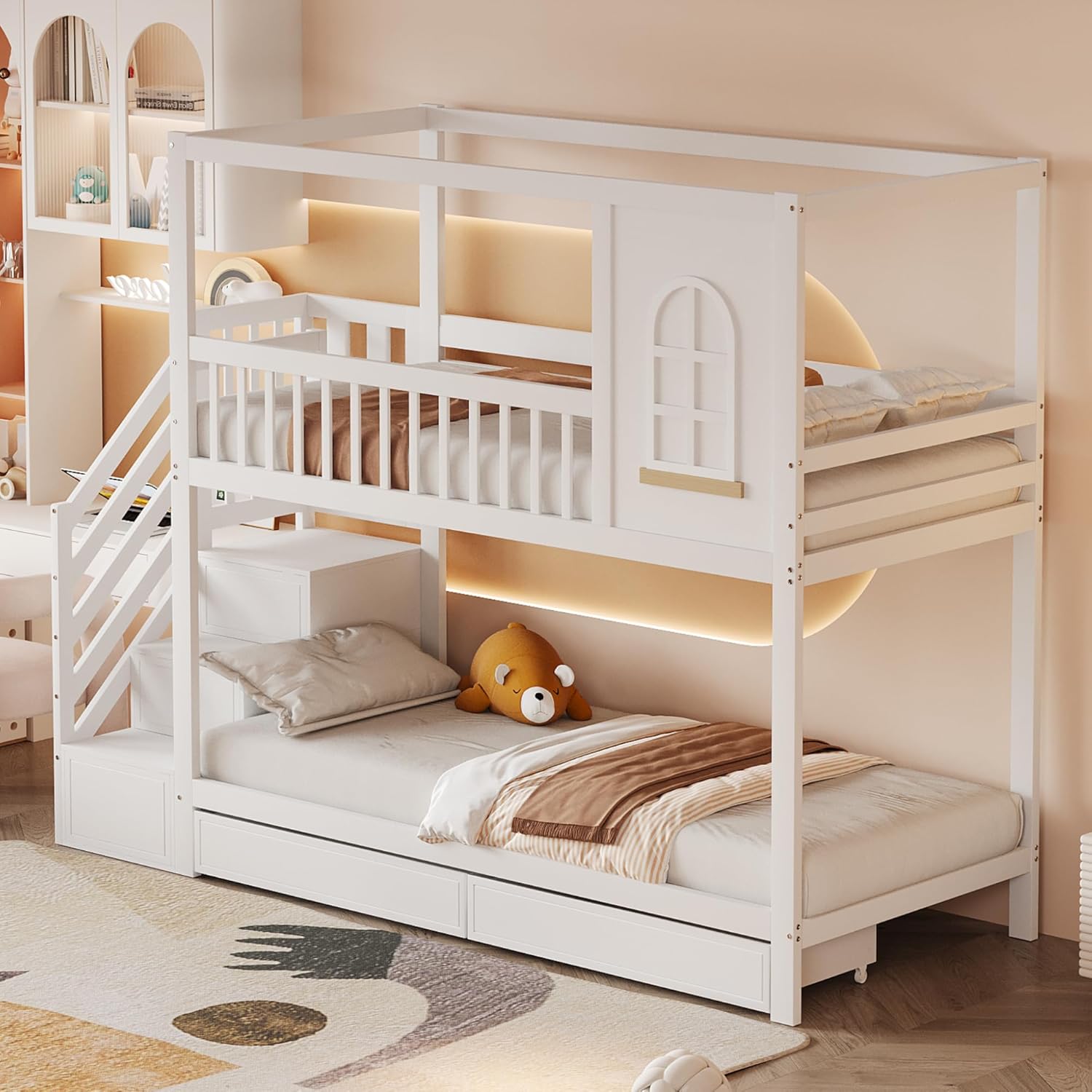 Etagenbett Kinderbett 90x200 für 2 Kinder, Hausbett Hochbett mit Treppe & 2 Stauraum Schubladen, Holzbett Bettgestell mit Rausfallschutz und Lattenrost, Kiefer Rahmen, Ohne Matratze (Weiß)