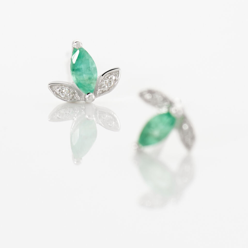 Boucles D'oreilles Puces Or Blanc Febe Emeraude Diamant