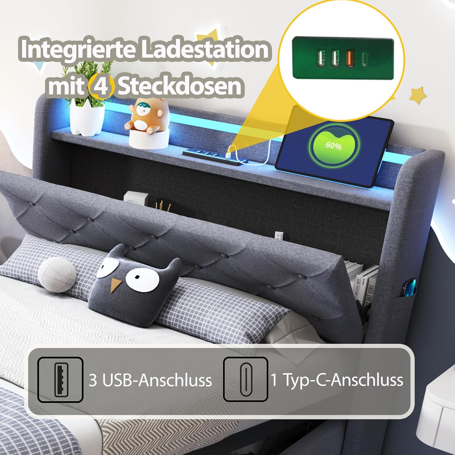 Merax Kinderbett Polsterbett 90x200 cm Einzelbett mit hydraulischem Bettkasten, LED Beleuchtung & USB Type-C, aufklappbarem Kopfteil & Handytaschen, Leinenstoff Grau, ohne Matratze