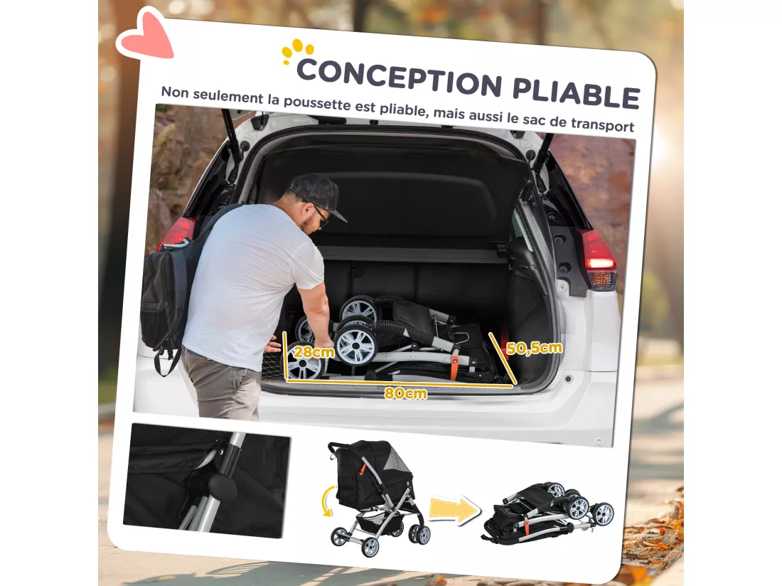 Poussette buggy pliable chien chat panier et sac de rangement attaches sécurité housse réglable poignée réversible acier Oxford noir