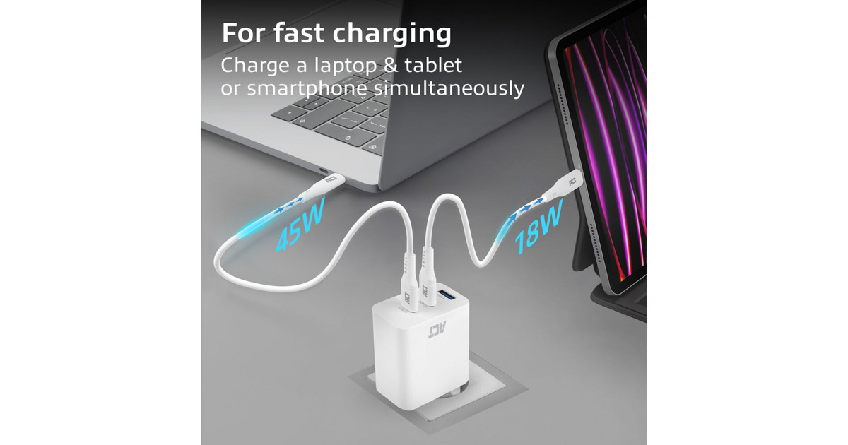 ACT ConnectivityUSB-C/USB-A lader 65W 3-poorts met Power Delivery PPS, QuickCharge en GanFast  (Wit)