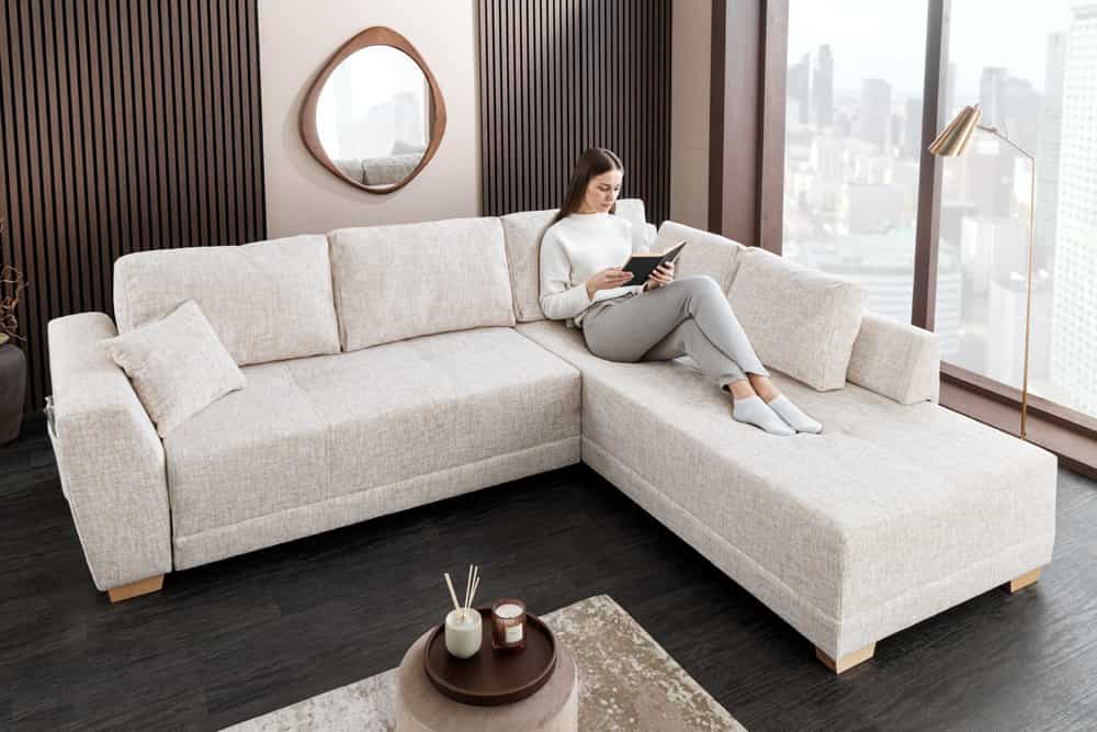 Modernes Ecksofa NORWAY 250cm beige Chenille Schlafsofa mit Stauraum inkl. Kissen