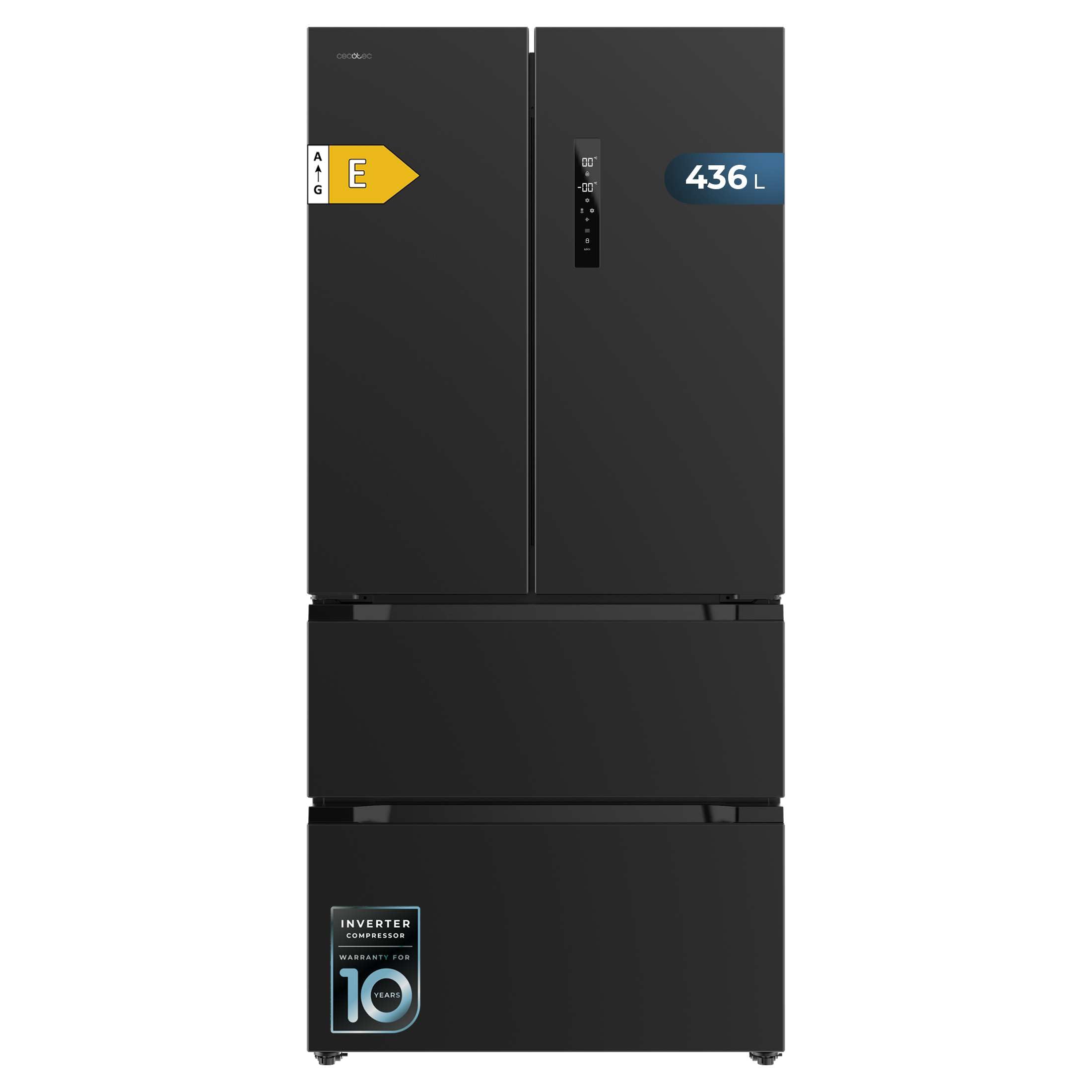 Cecotec Réfrigérateur Congélateur porte française Bolero CoolMarket FD 436 Dark E. 436 L, Total No Frost, Multi Airflow y compresseur inverter para ah