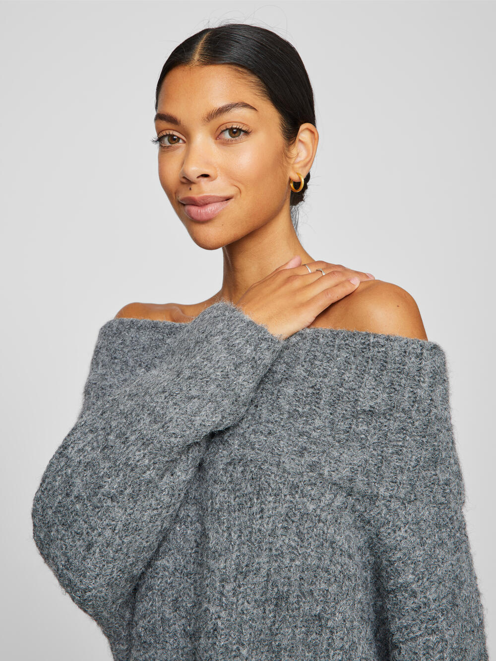 Vila  Viadina L/S Off Shoulder striktrøje - Medium Grey Melange