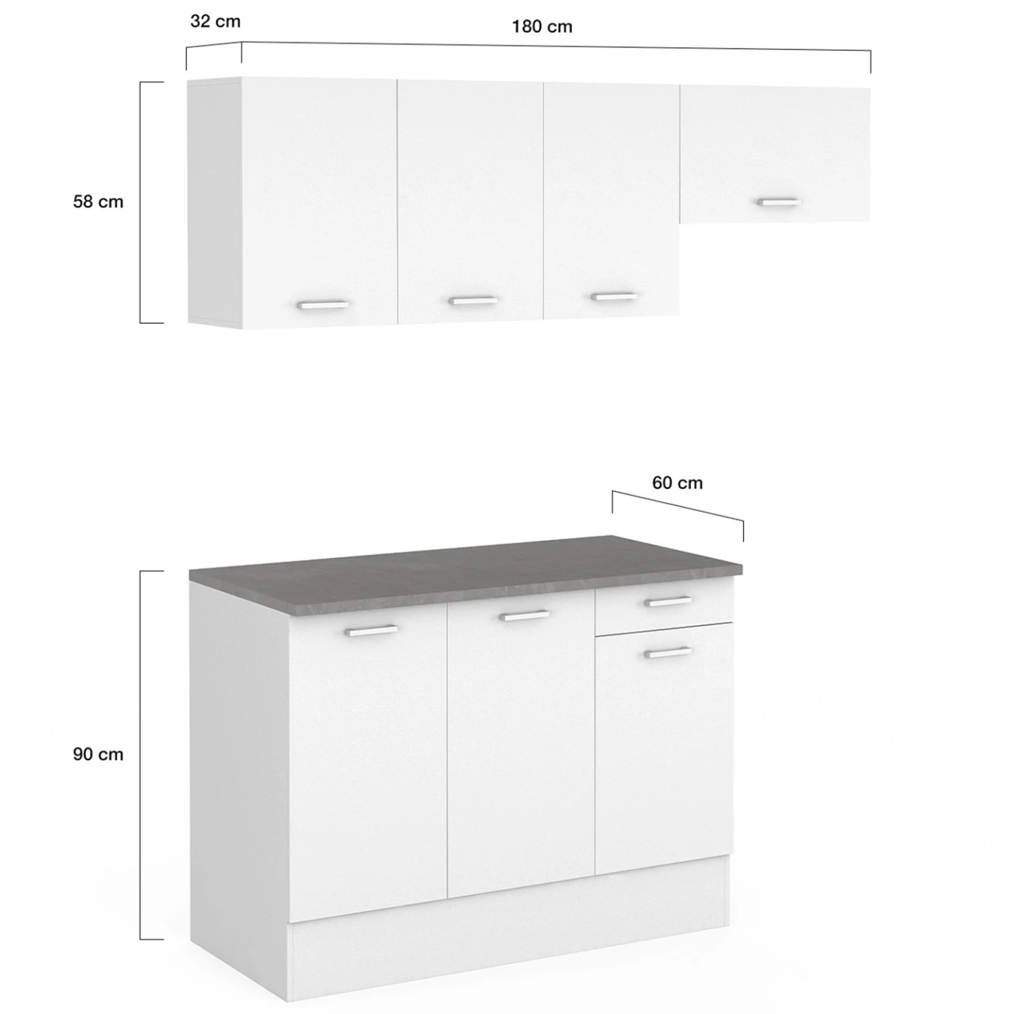 Cuisine complète 180 cm SUBTIL avec plan de travail 5 éléments blanc et plateaux béton