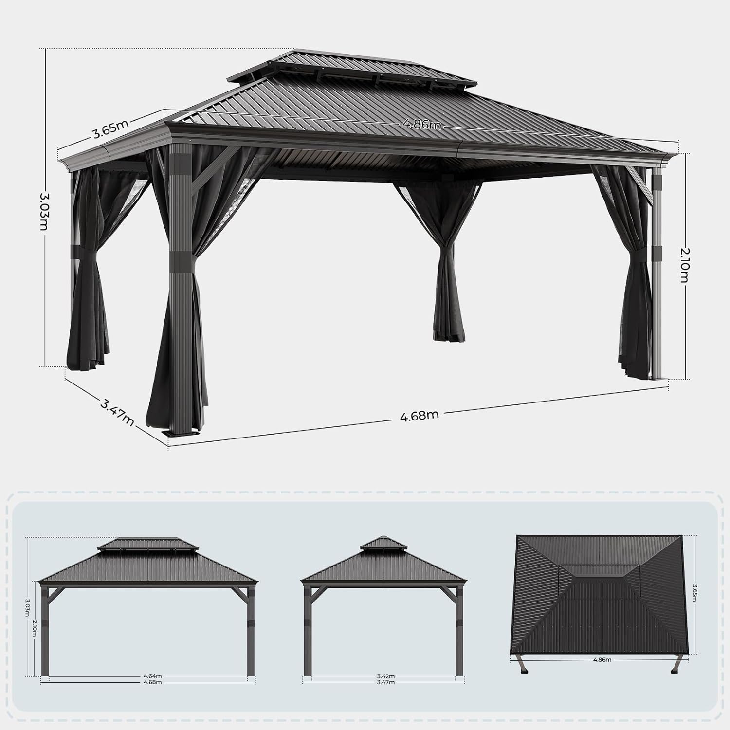 JUMMICO Pavillon 3,65 x 4,85 m Wasserdicht Stabil Winterfest,Hardtop Pavillion mit Doppeldach,Gartenpavillon mit Vorhängen und Moskitonetzen,Pavilion für Hinterhöfe, Gärten und Rasenflächen, Grau