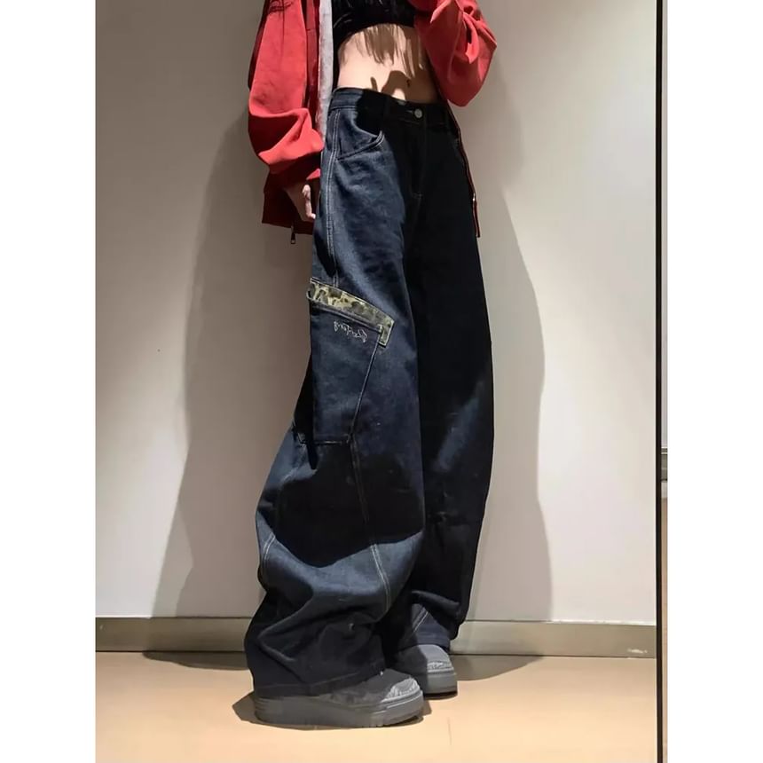 Litoya - Lage taille jeans met gewassen luipaardprint en wijde pijpen