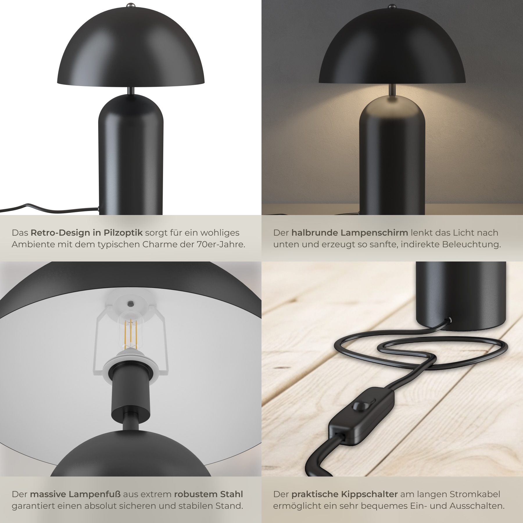 tectake® Retro-Tischlampe, Pilzdesign im 70er Jahre Stil, indirektes Licht, Kippschalter am Kabel, 25 x 37 cm