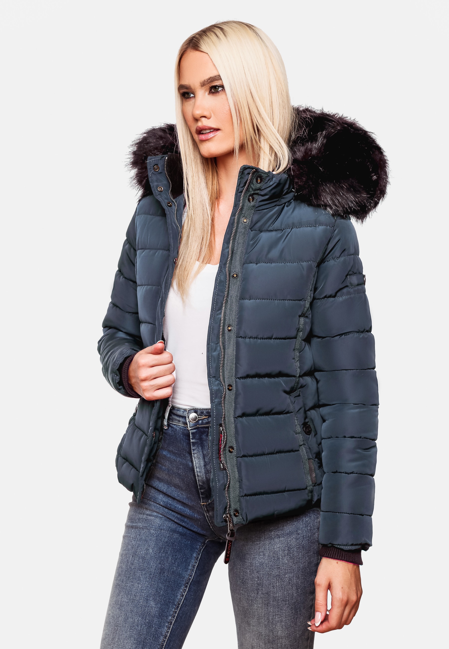 NAVAHOO Damen Steppjacke Hochwertige Winterjacke Mit Voluminöser Kunstpelz-Kapuze Miamor