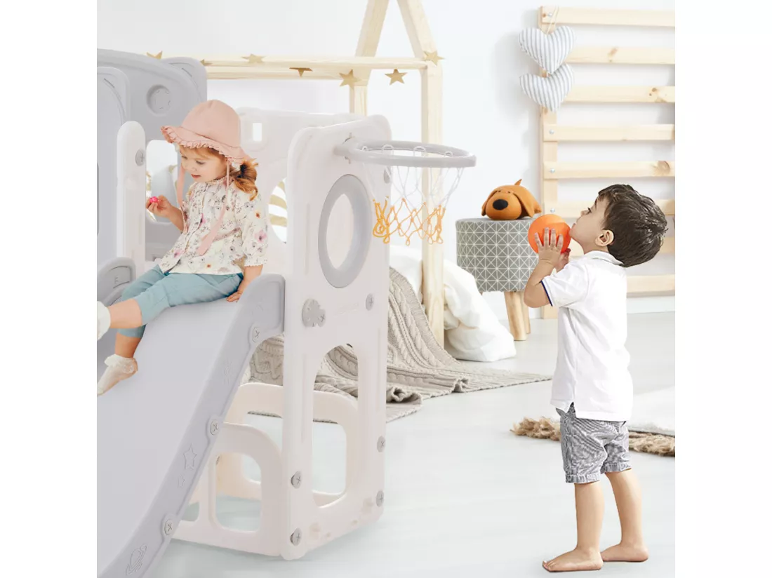 Toboggan 7 en 1 pour enfant, avec balançoire, plate-forme, zone de rangement, arcade, panier de basket, escalier, PEHD, gris+blanc